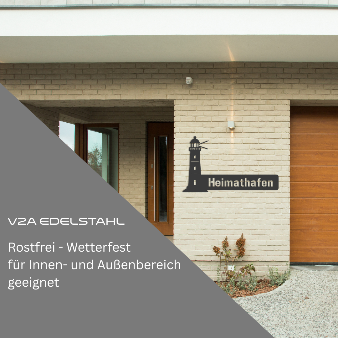 V2A Edelstahlschild mit Leuchtturm und Schriftzug „Heimathafen“ – rostfrei, wetterfest und für den Innen- und Außenbereich geeignet – montiert an heller Hauswand
pesonalisierbar
