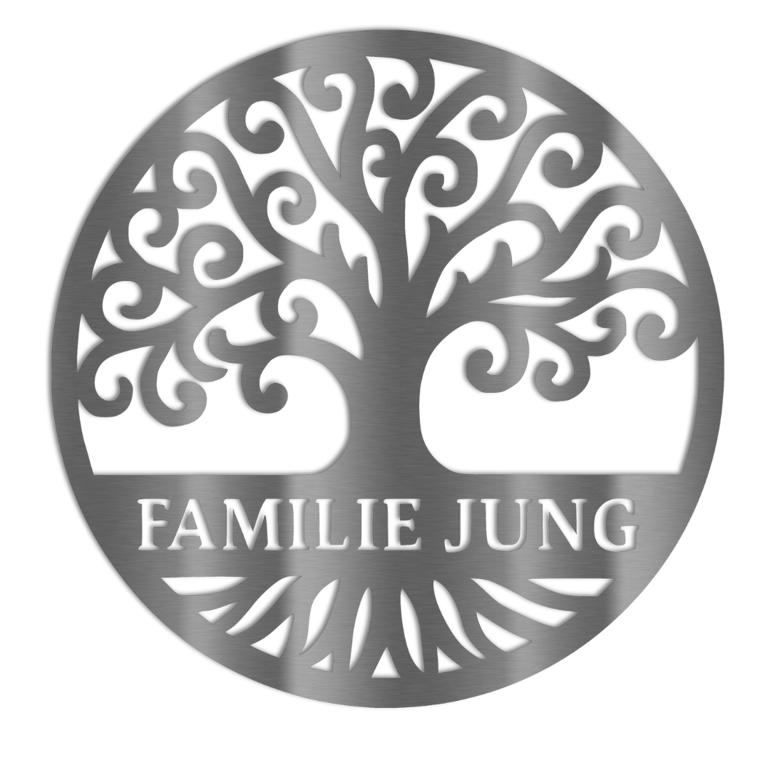 Rundes Edelstahlschild mit Lebensbaum-Motiv und Schriftzug „Familie Jung“ – aus V2A Edelstahl, personalisierbar, wetterfest und stilvoll für Hauswand oder Garten
