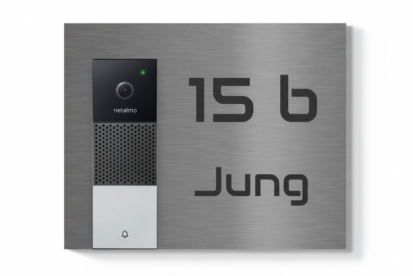 Edelstahl Türschild für Netatmo Doorbell mit weißem Hintergrund
