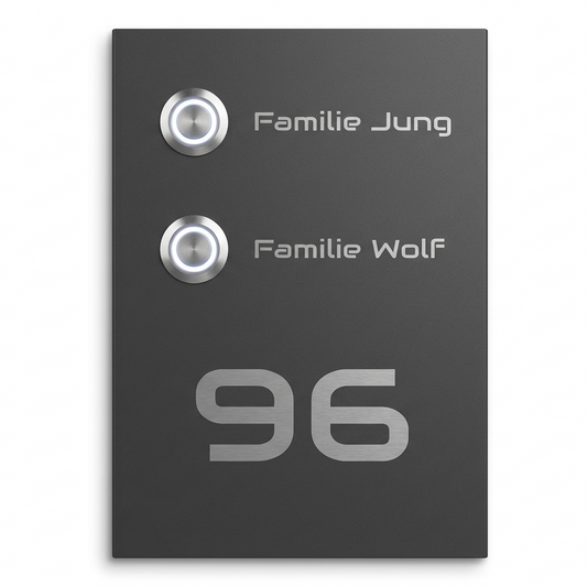 Edelstahl-Türklingel „Kiel“ in Anthrazit (2-fach) mit zwei Klingeltastern, Namensgravur und Hausnummer „96“.