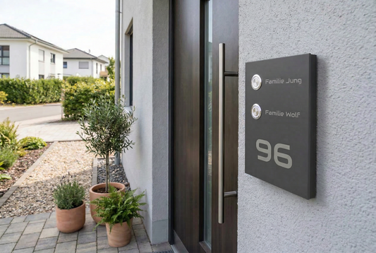 Edelstahl-Türklingel „Kiel“ in Anthrazit (2-fach) mit Hausnummer „96“ montiert am modernen Hauseingang