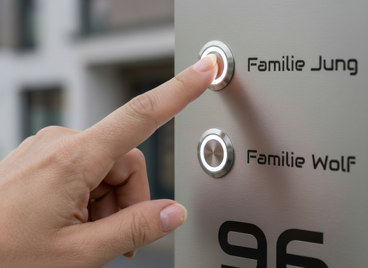 Hand drückt beleuchteten LED-Klingeltaster einer Edelstahl-Türklingel „Kiel“ mit zwei Parteien und Namensgravur.