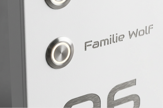 Detailaufnahme der Edelstahl-Türklingel „Kiel“ in Weiß (2-fach) mit zwei LED-Klingeltastern und Namensgravur.