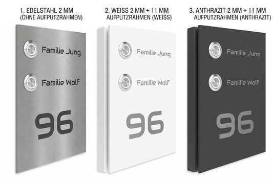 Vergleich der Edelstahl-Türklingel „Kiel“ in drei Varianten: Edelstahl ohne Rahmen, Weiß mit Aufputzrahmen und Anthrazit mit Aufputzrahmen.