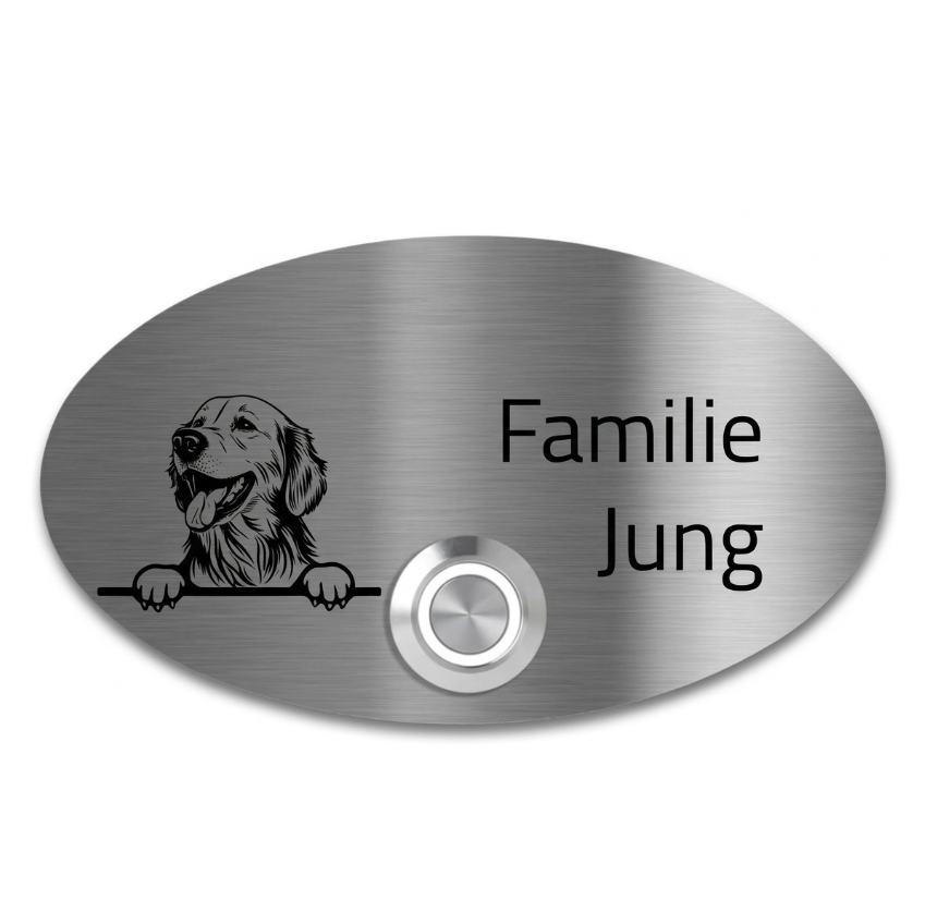 Ovale Edelstahl-Türklingel Rom mit Hundemotiv, Gravur „Familie Jung“ und Klingeltaster in gebürstetem V2A Edelstahl.