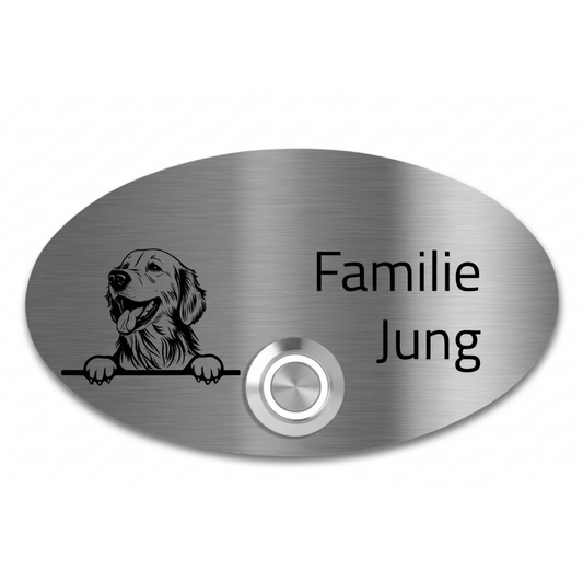 Ovale Edelstahl-Türklingel Rom mit Hundemotiv, Gravur „Familie Jung“ und Klingeltaster in gebürstetem V2A Edelstahl.