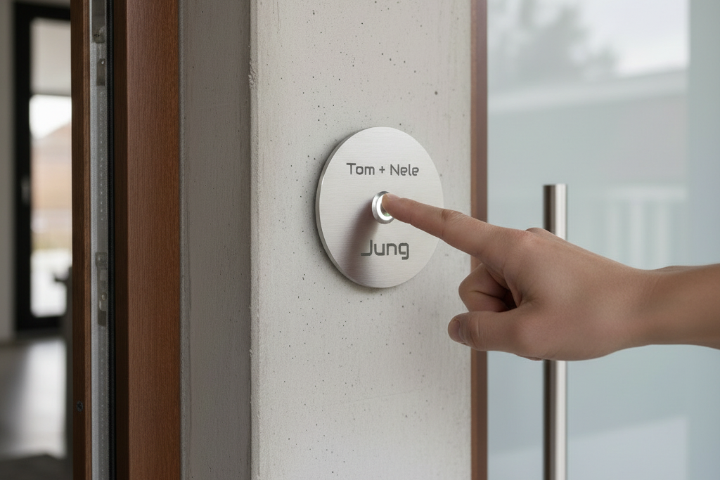 Runde Edelstahl-Türklingel mit beleuchtetem Taster und Gravur „Tom + Nele“, eine Hand drückt den Klingelknopf.

