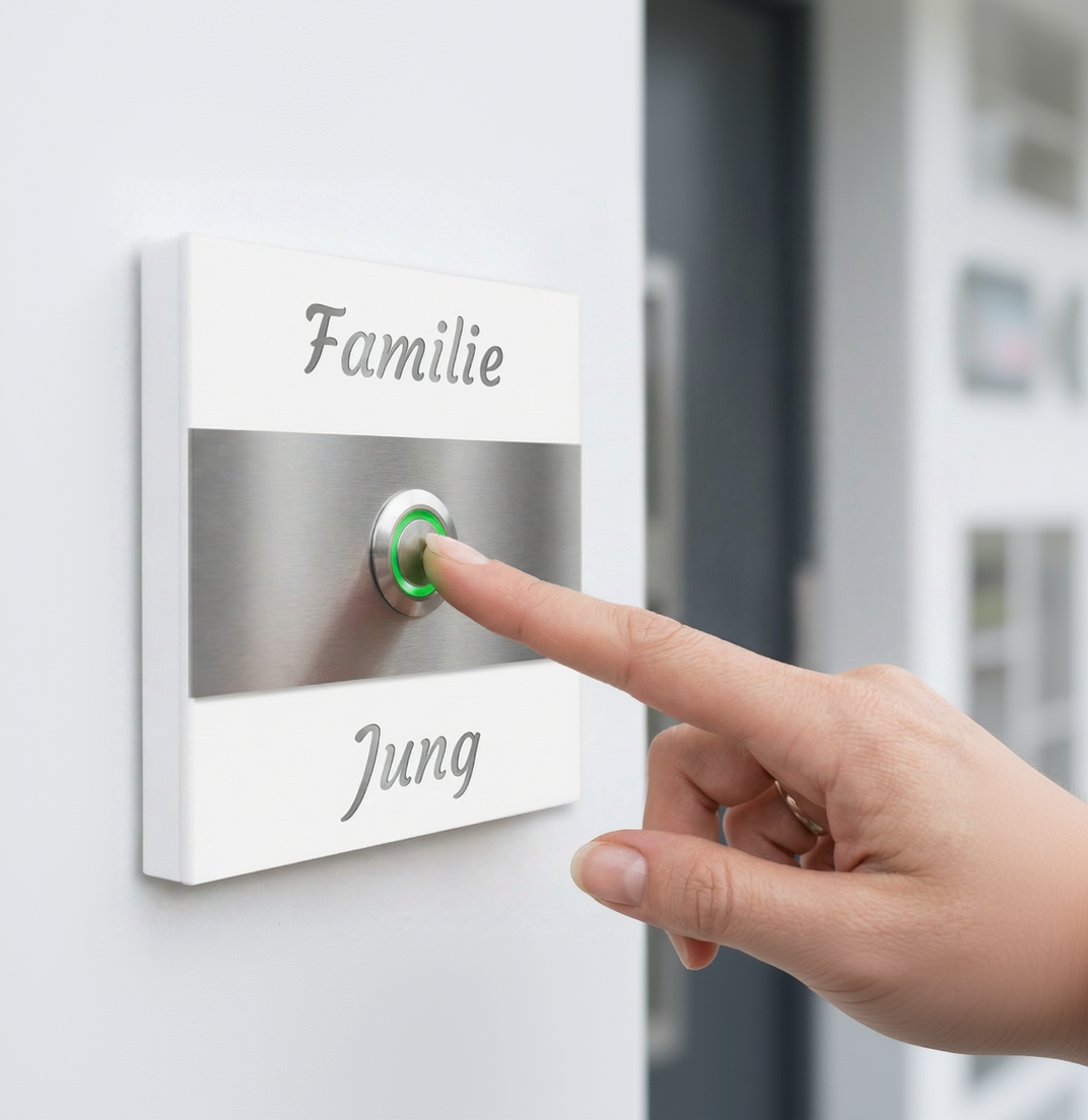 Hand drückt personalisierte Edelstahl-Türklingel in Weiß mit grün leuchtendem LED-Taster und Gravur „Familie Jung“.