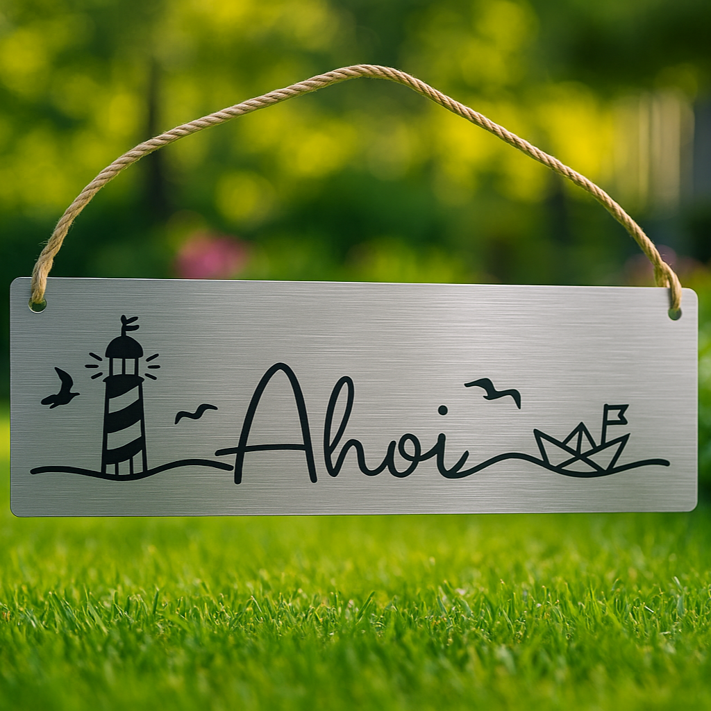 Edelstahlschild mit Ahoi-Schriftzug und maritimem Motiv, aufgehängt vor grünem Gartenhintergrund
