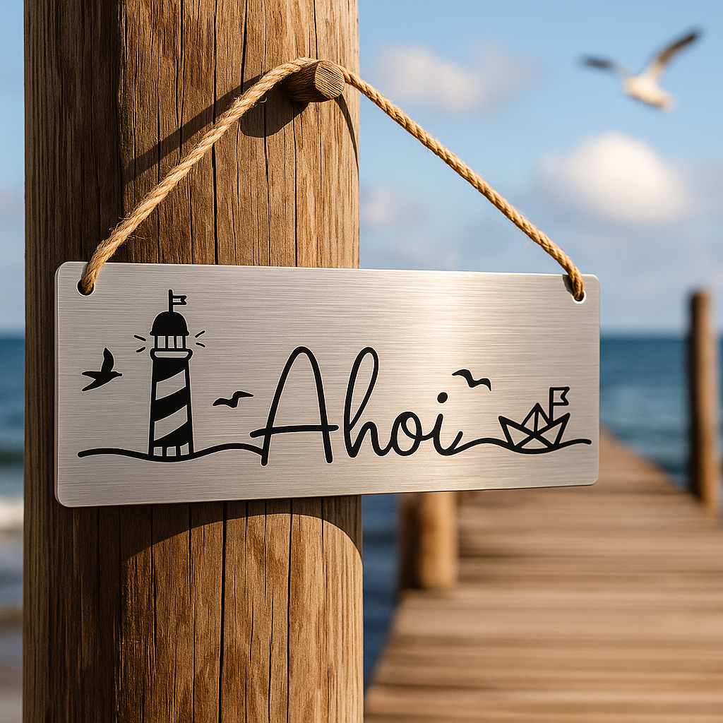 Maritimes Edelstahlschild mit Ahoi-Schriftzug, aufgehängt vor Küsten-Hintergrund mit Meer und Leuchtturm
