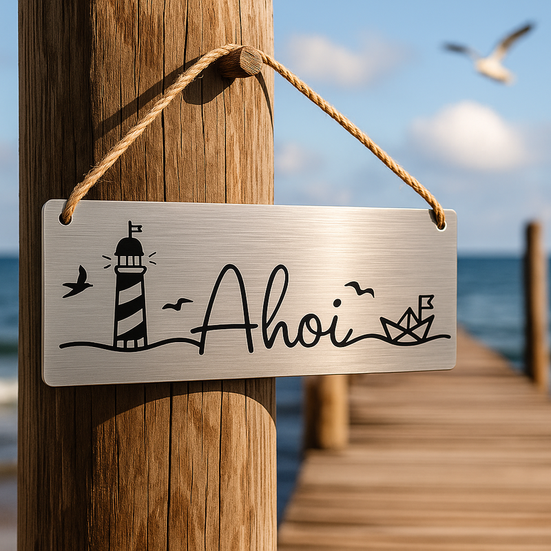 Maritimes Edelstahlschild mit „Ahoi“-Spruch – perfekt für deinen Heimathafen