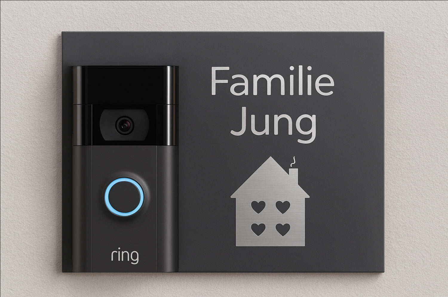 Edelstahl Türschild in Anthrazit mit Ring Video Doorbell und Gravur Familie Jung