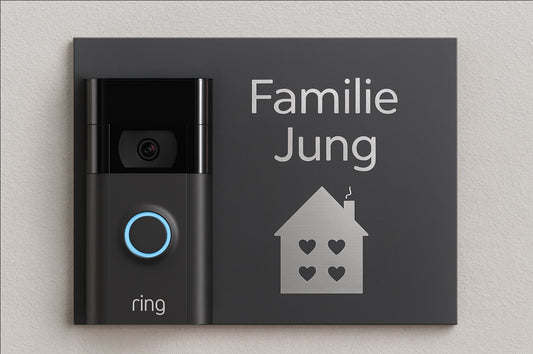 Edelstahl Türschild in Anthrazit mit Ring Video Doorbell und Gravur Familie Jung