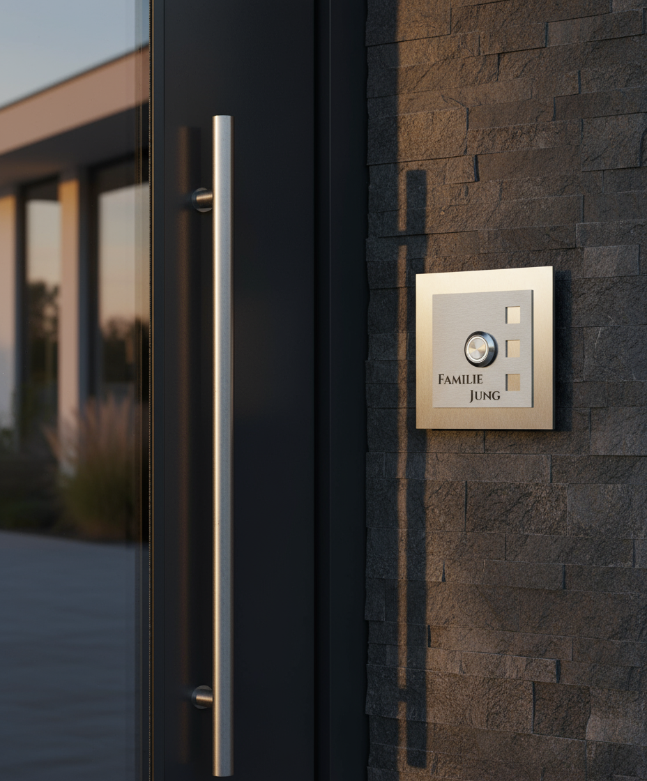 Moderne Edelstahl-Türklingel mit Gravur „Familie Jung“ an dunkler Hausfassade im warmen Abendlicht mit senkrechtem Edelstahlgriff