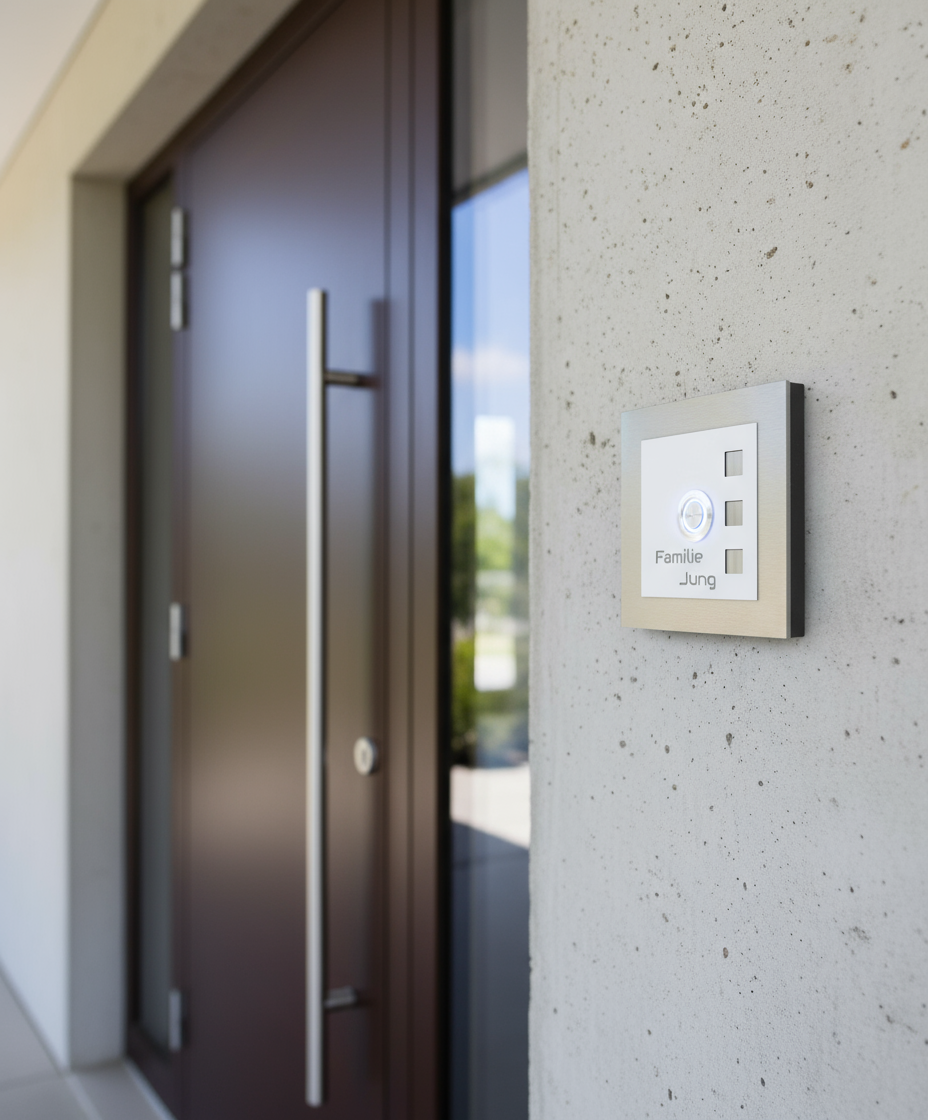 Moderne Edelstahl-Türklingel mit Gravur „Familie Jung“ an Betonwand neben Haustür mit senkrechtem Edelstahlgriff