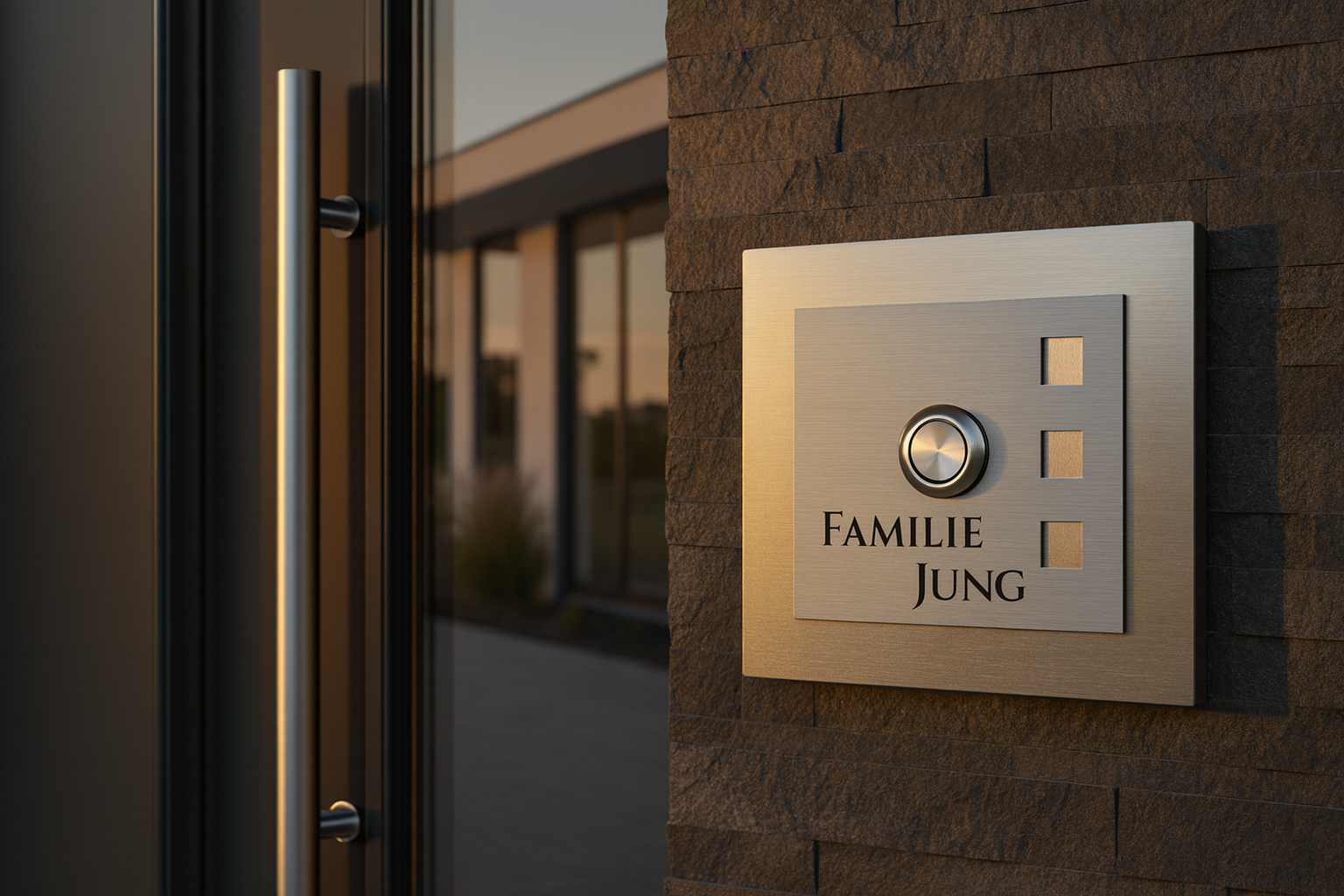 Moderne Edelstahl-Türklingel mit Gravur „Familie Jung“ an dunkler Steinfassade im warmen Abendlicht neben Glasfront mit senkrechtem Edelstahlgriff