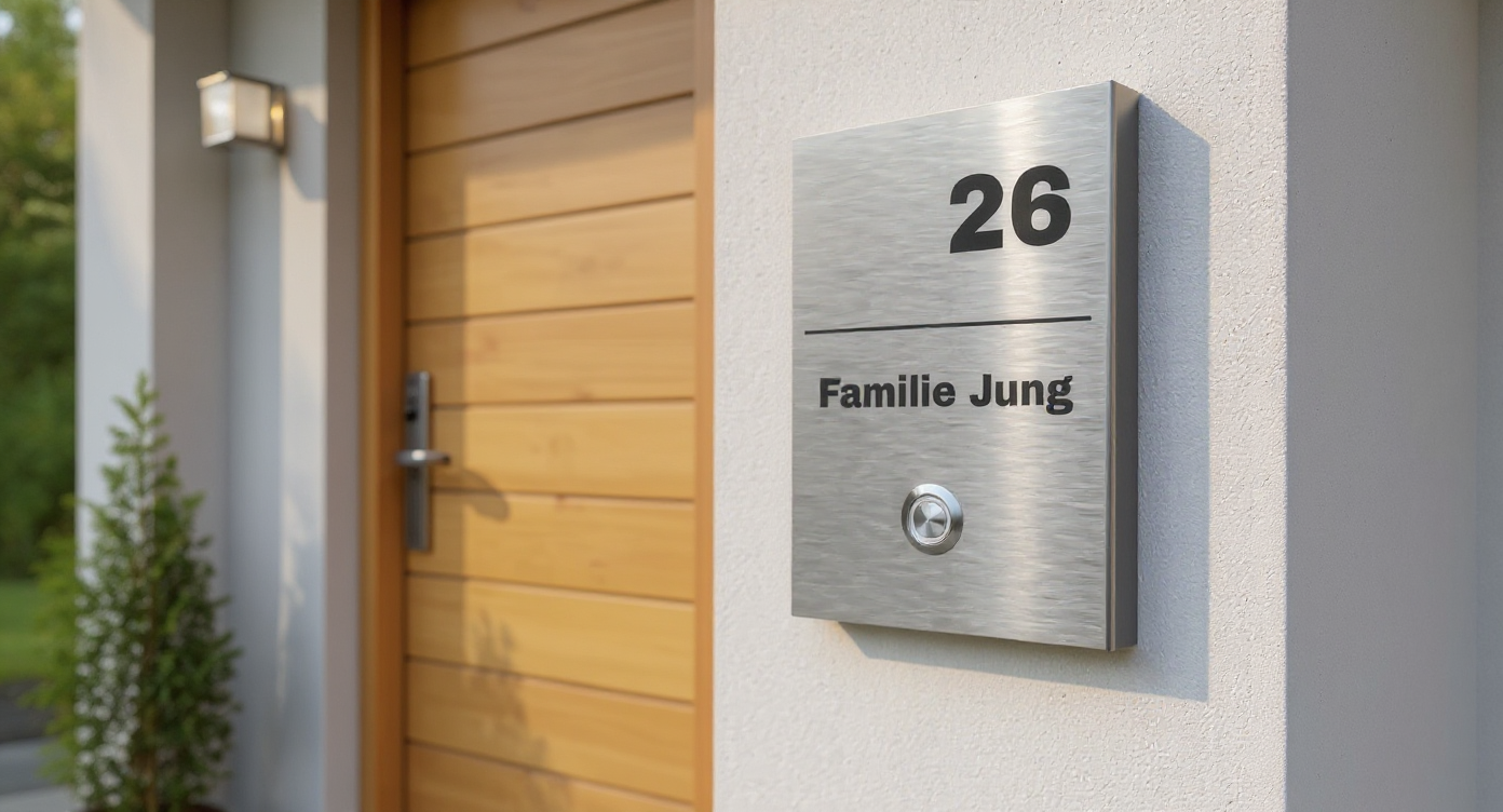 Türklingel Modell Trier aus gebürstetem V2A Edelstahl mit Gravur Familie Jung und Hausnummer 26, montiert an modernem Hauseingang mit Holztür