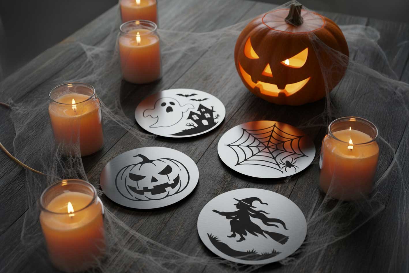 Halloween Untersetzer aus V2A Edelstahl mit Motiven Kürbis, Hexe, Geist und Spinnennetz, dekoriert mit Kerzen und Kürbis
