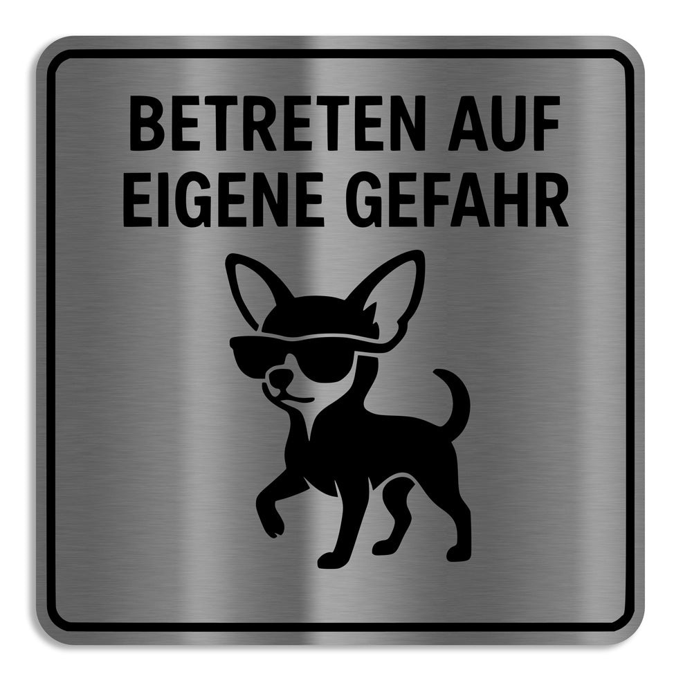 Edelstahl-Warnschild – „Betreten auf eigene Gefahr“ – modernes Design, wetterfest und ideal für Hauswand oder Gartentor

