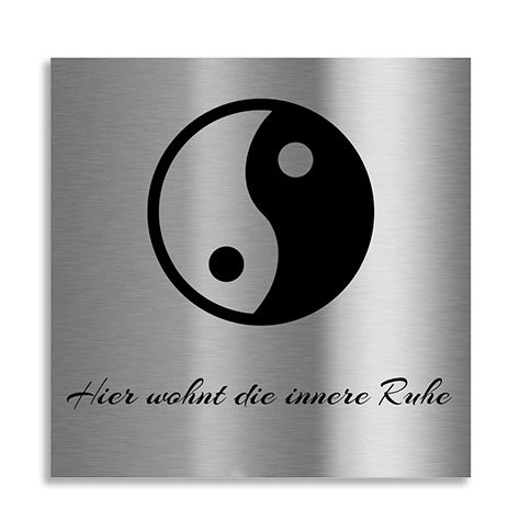 Edelstahl-Yoga-Schild mit Yin-Yang-Symbol – harmonisches Design für spirituelle Balance und moderne Wanddekoration im Innen- und Außenbereich
