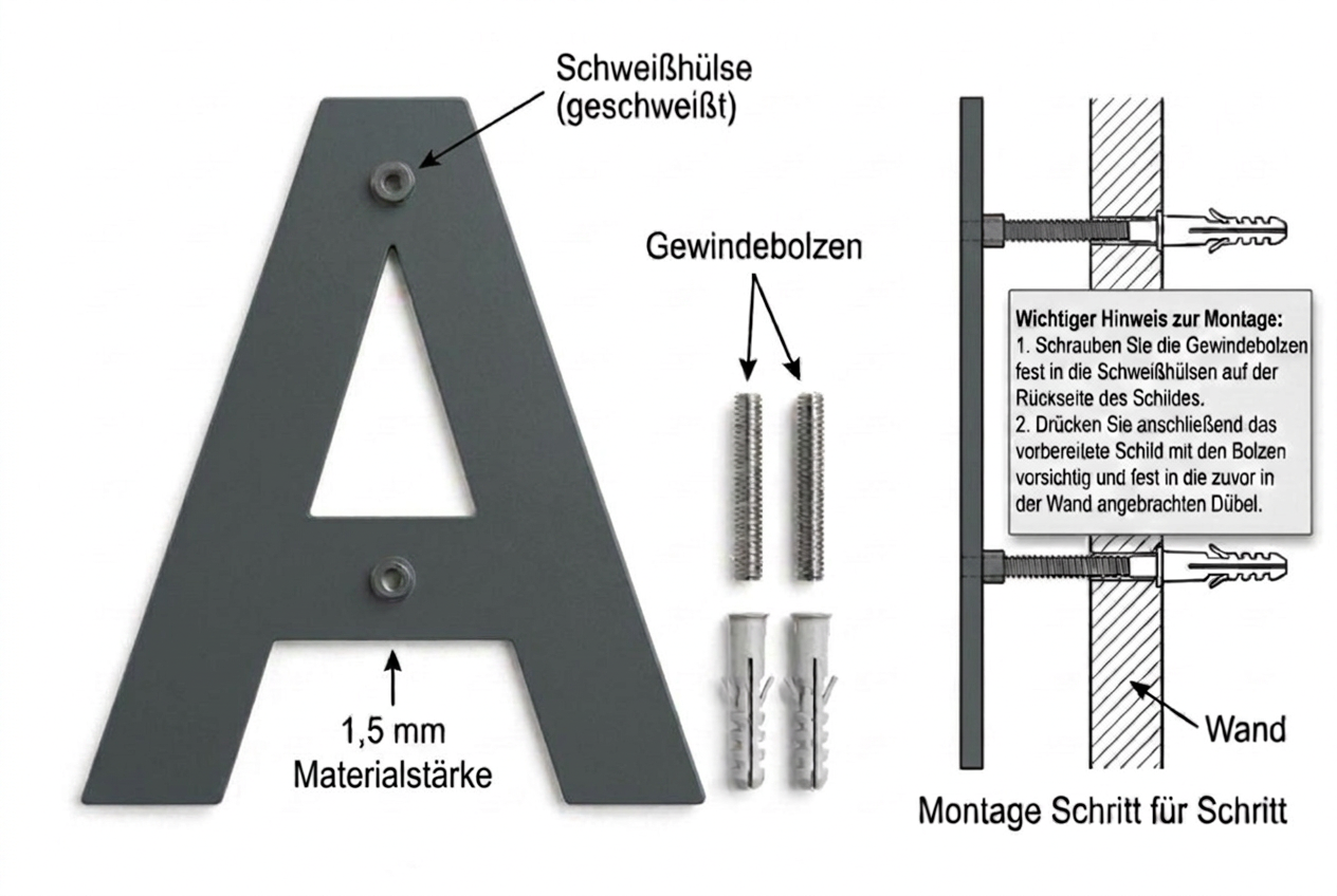 Montage der anthrazit pulverbeschichteten Edelstahlbuchstaben mit rückseitiger Schweißhülse, Gewindebolzen und Dübel