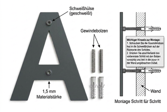 Montage der anthrazit pulverbeschichteten Edelstahlbuchstaben mit rückseitiger Schweißhülse, Gewindebolzen und Dübel