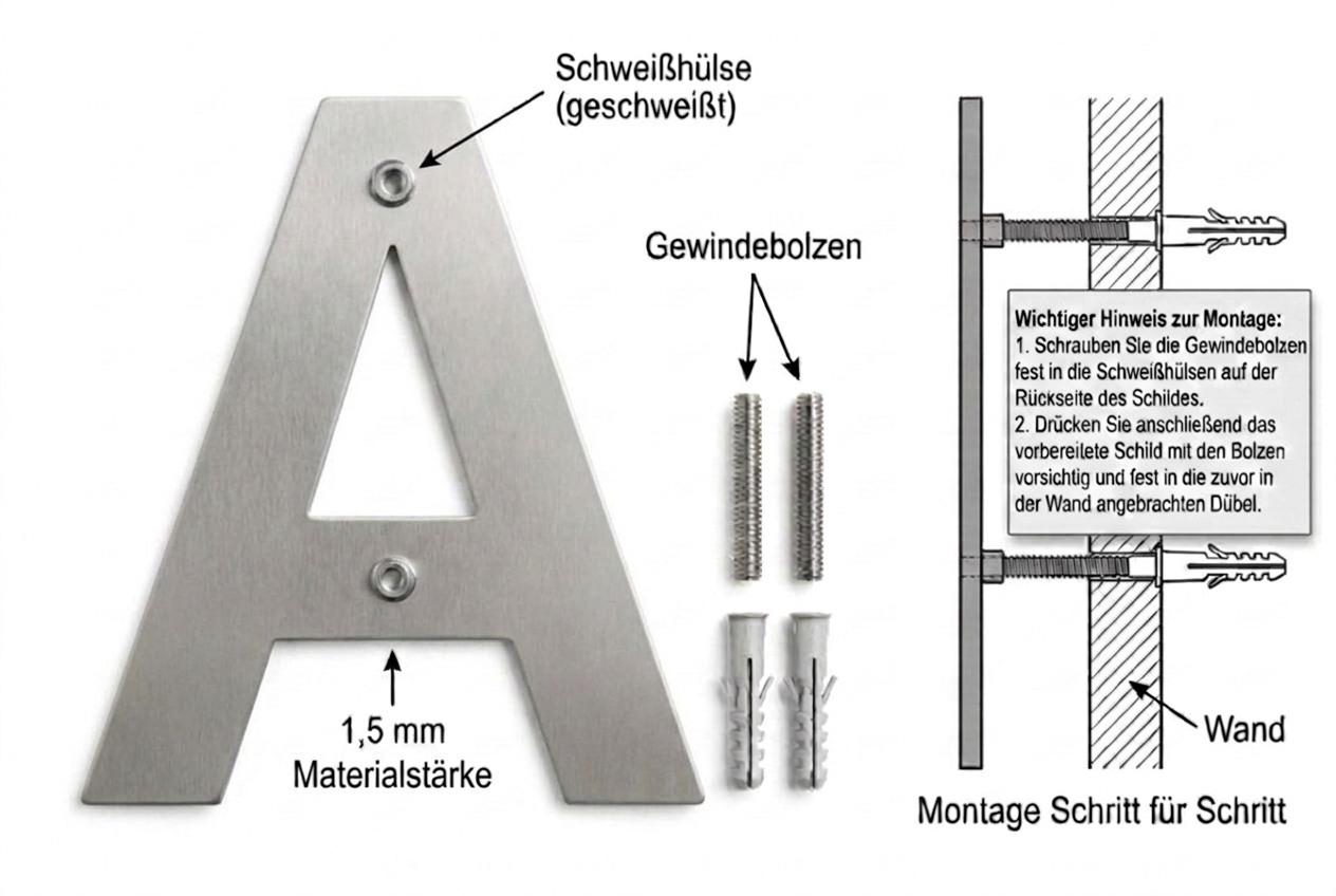 Montage der Edelstahlbuchstaben mit rückseitiger Schweißhülse, Gewindebolzen und Dübel für unsichtbare Befestigung