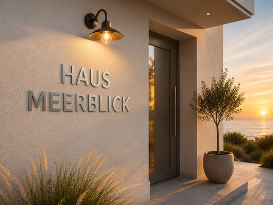 Anwendungsbeispiel Edelstahlbuchstaben an Ferienhaus Fassade mit Schriftzug HAUS MEERBLICK
