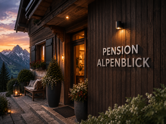 Anwendungsbeispiel Edelstahlbuchstaben an Berghaus Fassade mit Schriftzug PENSION ALPENBLICK