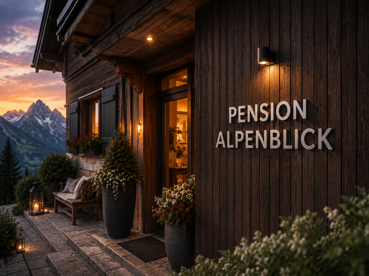 Anwendungsbeispiel Edelstahlbuchstaben an Berghaus Fassade mit Schriftzug PENSION ALPENBLICK