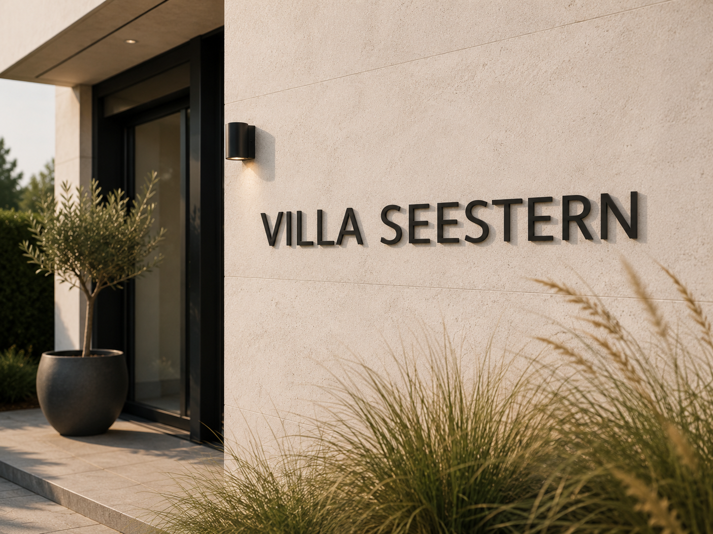 Anwendungsbeispiel Edelstahlbuchstaben an moderner Hausfassade mit Schriftzug VILLA SEESTERN