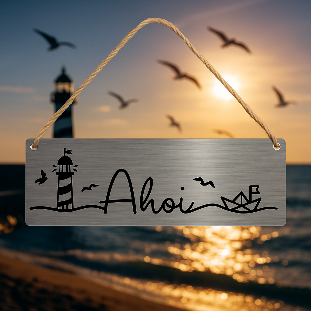 V2A Edelstahlschild mit Ahoi-Spruch, Leuchtturm und Papierboot vor maritimer Kulisse bei Sonnenuntergang
