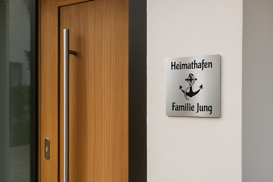 Quadratisches V2A Edelstahlschild mit gebürsteter Oberfläche, schwarzer Gravur Anker-Motiv mit Schriftzug Heimathafen und Familienname, montiert neben moderner Holztür mit Edelstahlgriff – witterungsbeständig und rostfrei