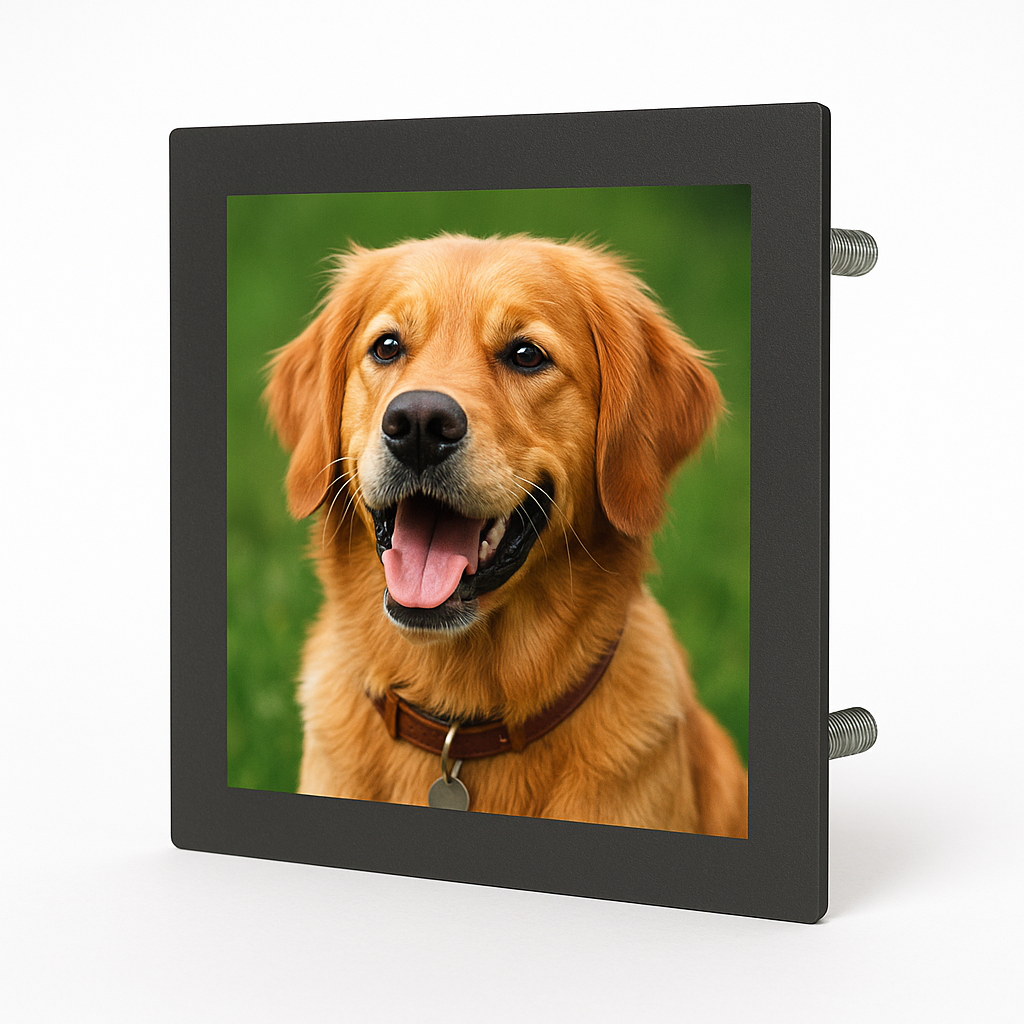 Quadratisches Edelstahlschild in Anthrazit mit farbigem UV-Fotodruck eines Hundes; Rückseite mit Gewindebolzen zur unsichtbaren Befestigung.