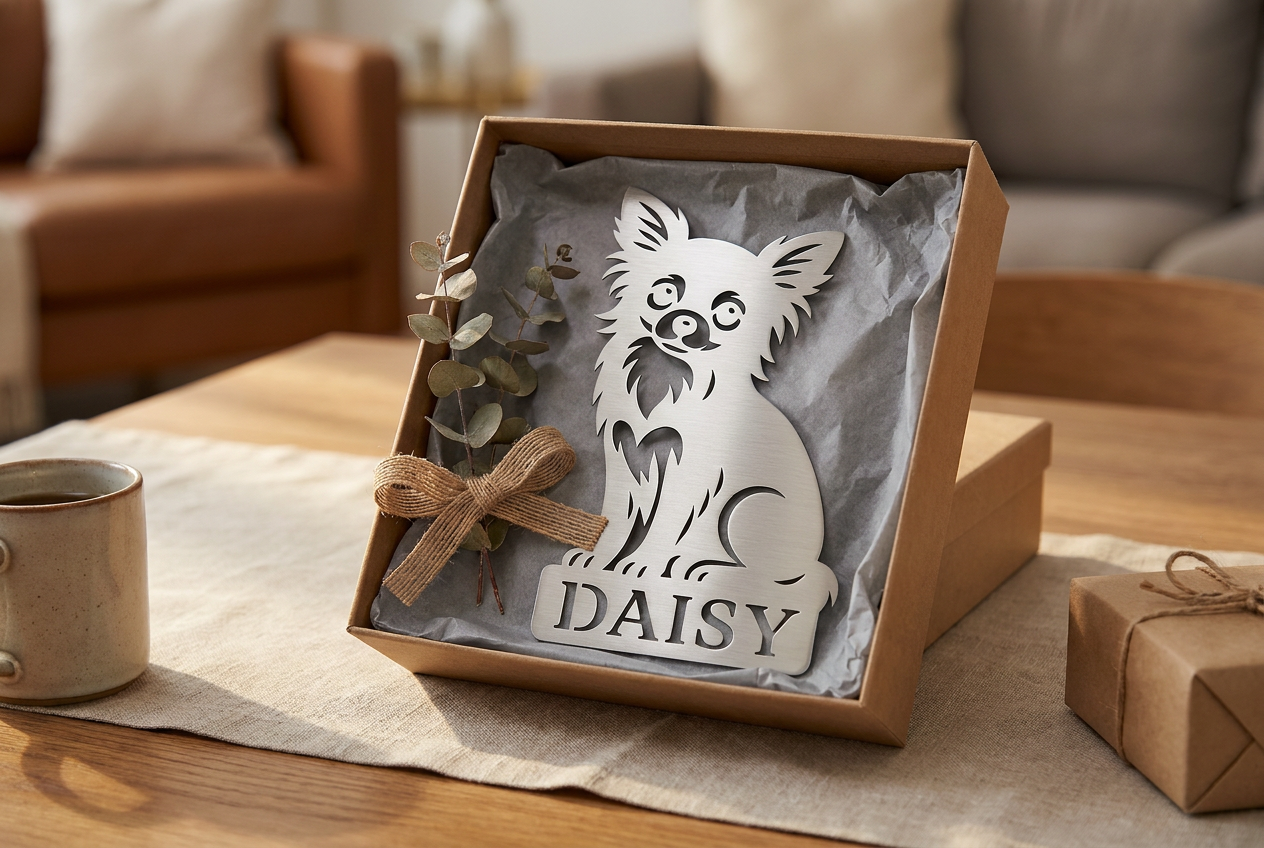 Lasergeschnittenes V2A Edelstahlschild mit einem Chihuahua und dem Namen 'DAISY', präsentiert in einer braunen Box mit weißem Ffüllmaterial.