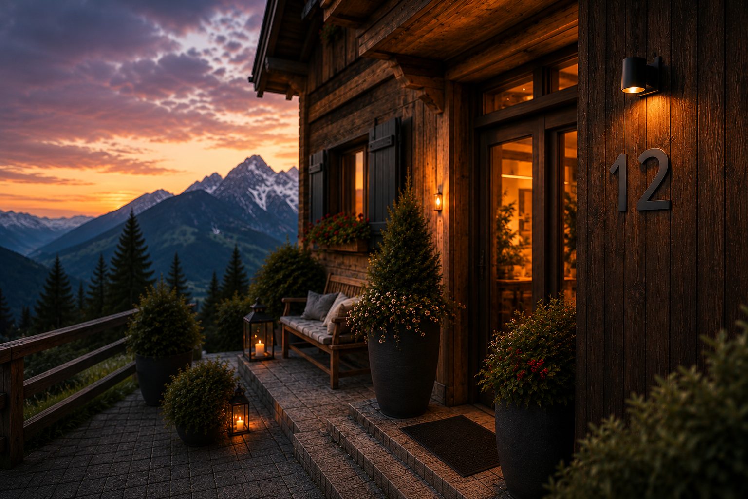 Anwendungsbeispiel anthrazit pulverbeschichtete Edelstahlziffern als Hausnummer 12 an Alpenchalet Fassade mit warmem Licht