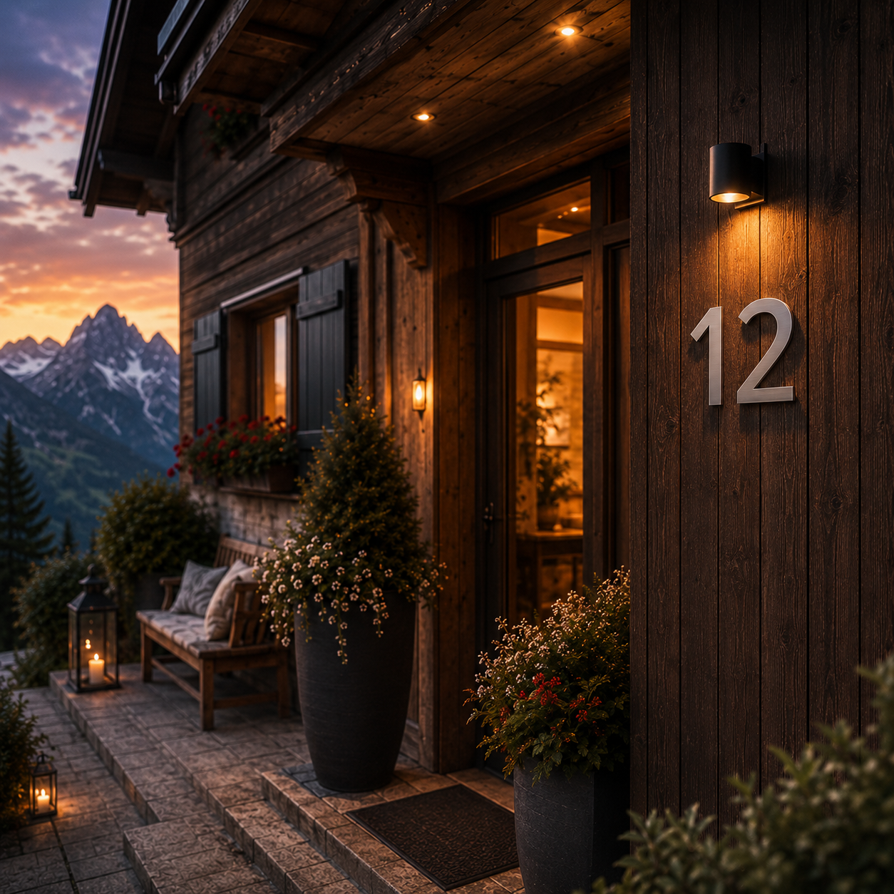 Anwendungsbeispiel Edelstahlziffern als Hausnummer 12 an Alpenchalet Fassade mit warmem Licht