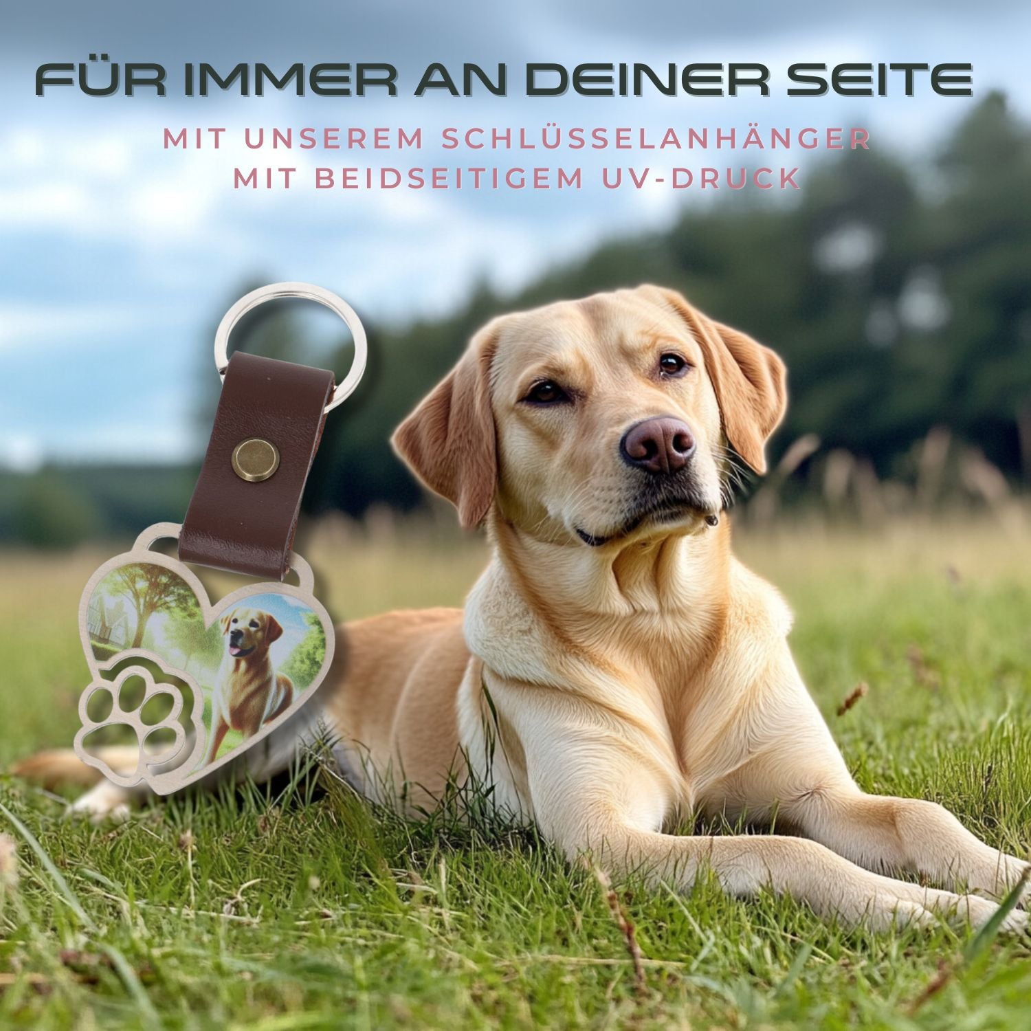 Emotionales Bild: Hund liegt auf der Wiese – daneben ein personalisierter Schlüsselanhänger aus Edelstahl in Herzform mit Pfote und beidseitigem UV-Druck – Text: Für immer an deiner Seite
