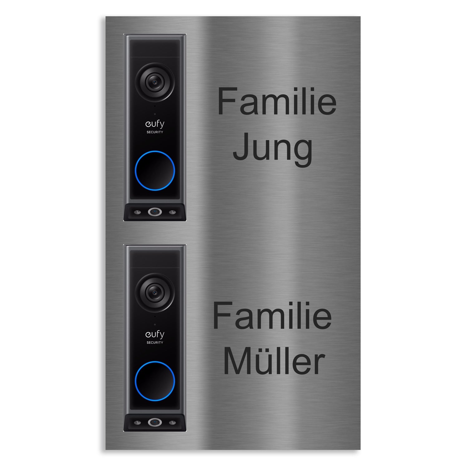 Eufy E340 Video-Türklingel auf Edelstahlplatte mit zwei Namensgravuren für Zweifamilienhaus, Beschriftung Familie Jung und Familie Müller.