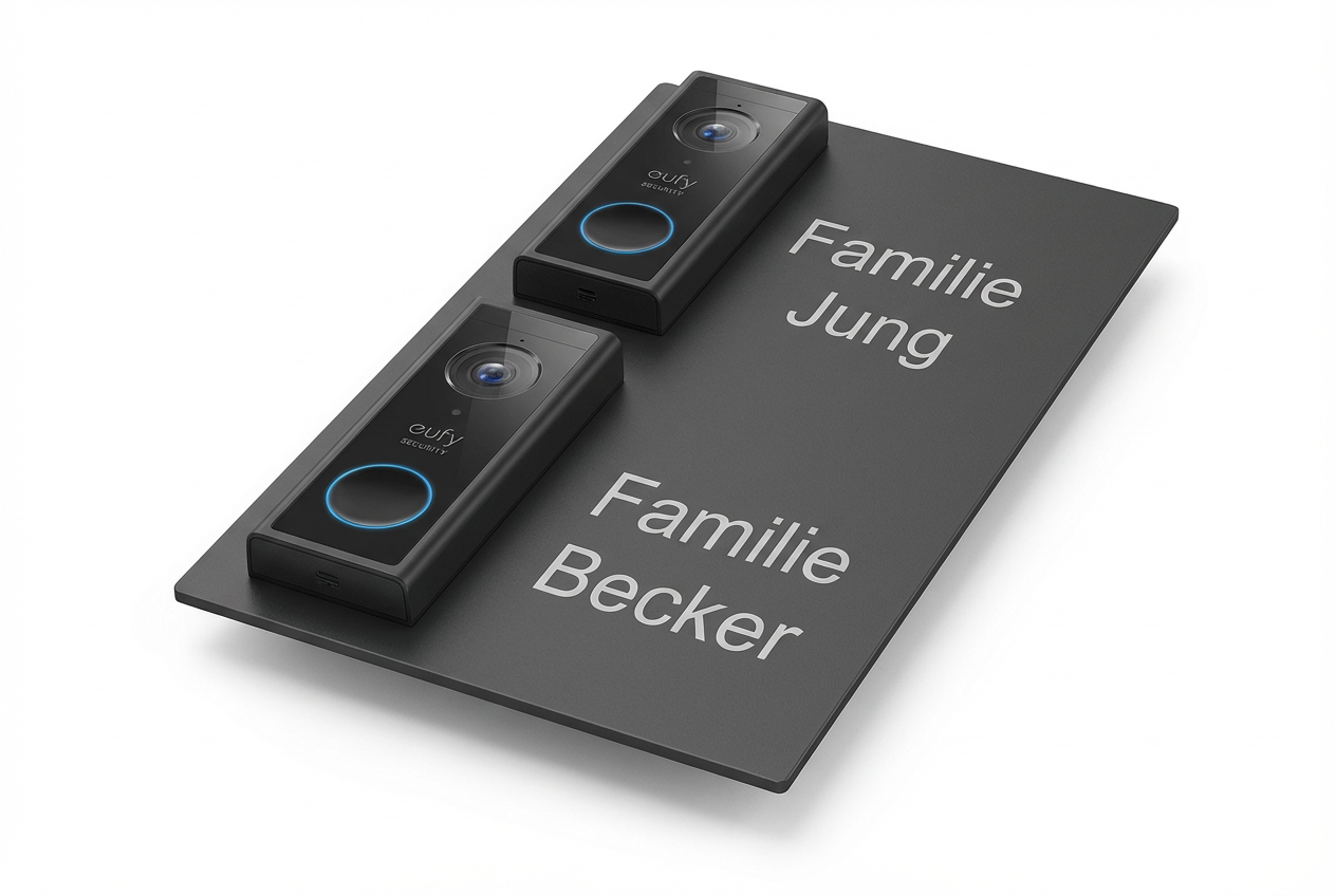 3D-Darstellung einer anthrazitfarbenen Abdeckung für zwei Eufy S220 Video-Türklingeln mit den Gravuren Familie Jung und Familie Becker.
