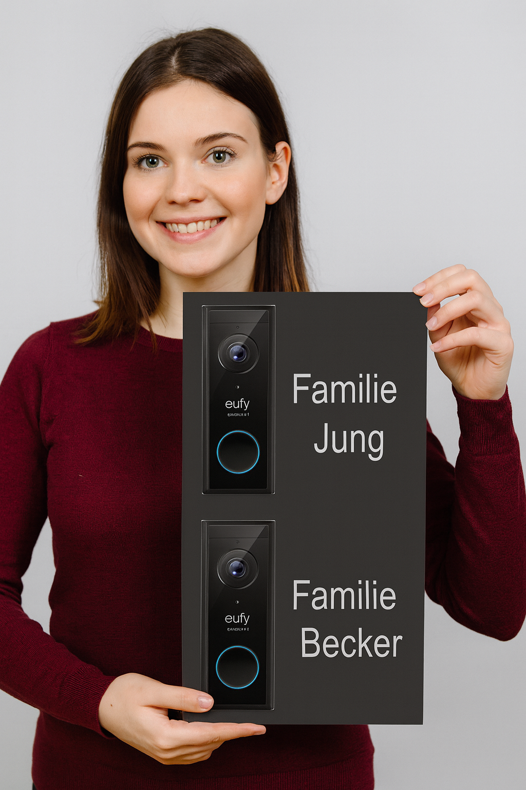 Frau hält ein großes Schild mit zwei Eufy S220 Video-Türklingeln und personalisierten Namensschildern für Familie Jung und Familie Becker.
