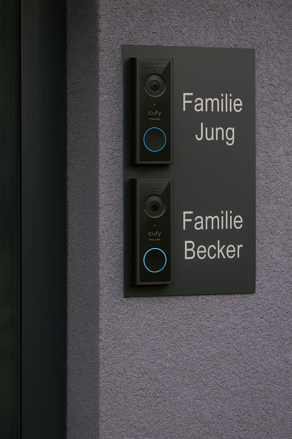 Montierte Eufy S220 Video-Türklingeln mit zwei personalisierten Namensschildern für Familie Jung und Familie Becker an einer modernen grauen Hauswand.
