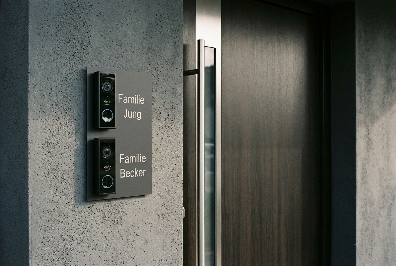 Montierte Eufy S220 Video-Türklingeln mit personalisierten Namensschildern für Familie Jung und Familie Becker an einer modernen grauen Hauswand neben einer Holztür mit Edelstahlgriff.

