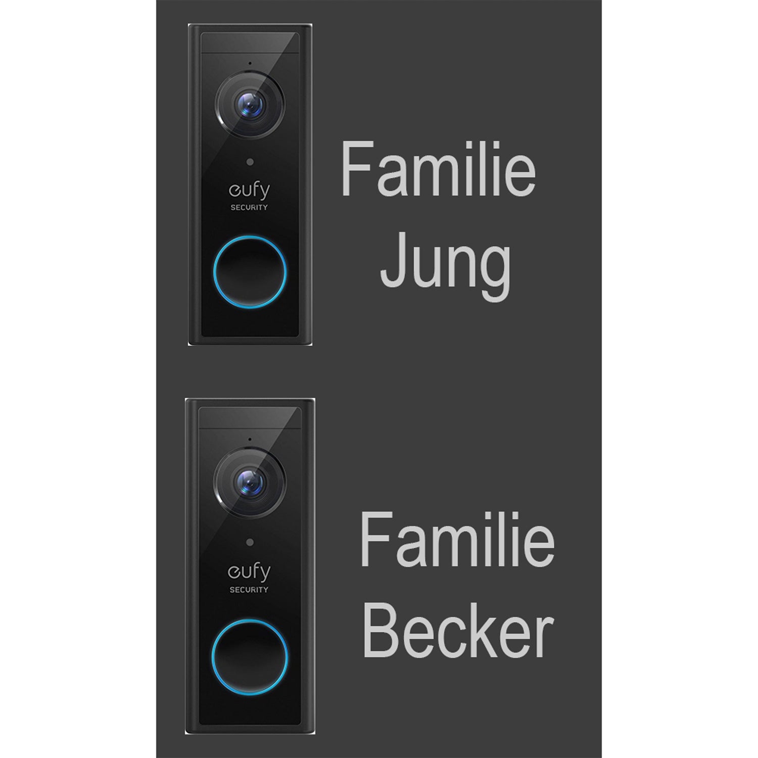 Darstellung einer Eufy S220 Video-Türklingel mit zwei personalisierten Namensschildern für Familie Jung und Familie Becker auf dunklem Hintergrund.
