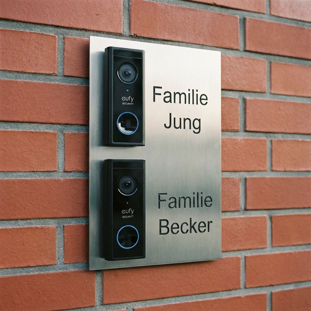 Edelstahlplatte mit zwei Eufy S220 Video-Türklingeln und den Gravuren Familie Jung und Familie Becker, montiert an einer roten Klinkerwand.
