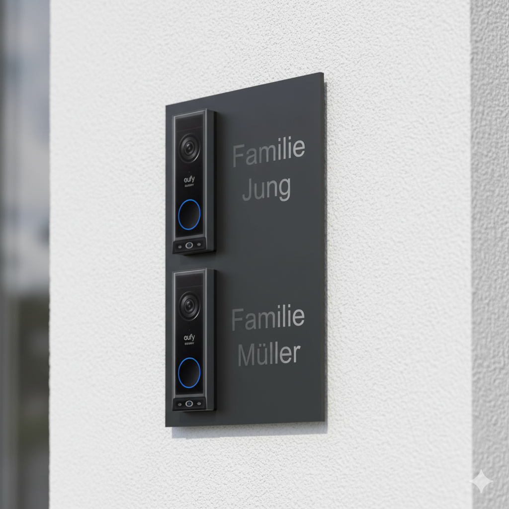Zweifamilienhaus-Türklingel mit zwei Eufy Video-Türklingeln auf anthrazitfarbener Edelstahlplatte, graviert mit den Namen Familie Jung und Familie Müller.