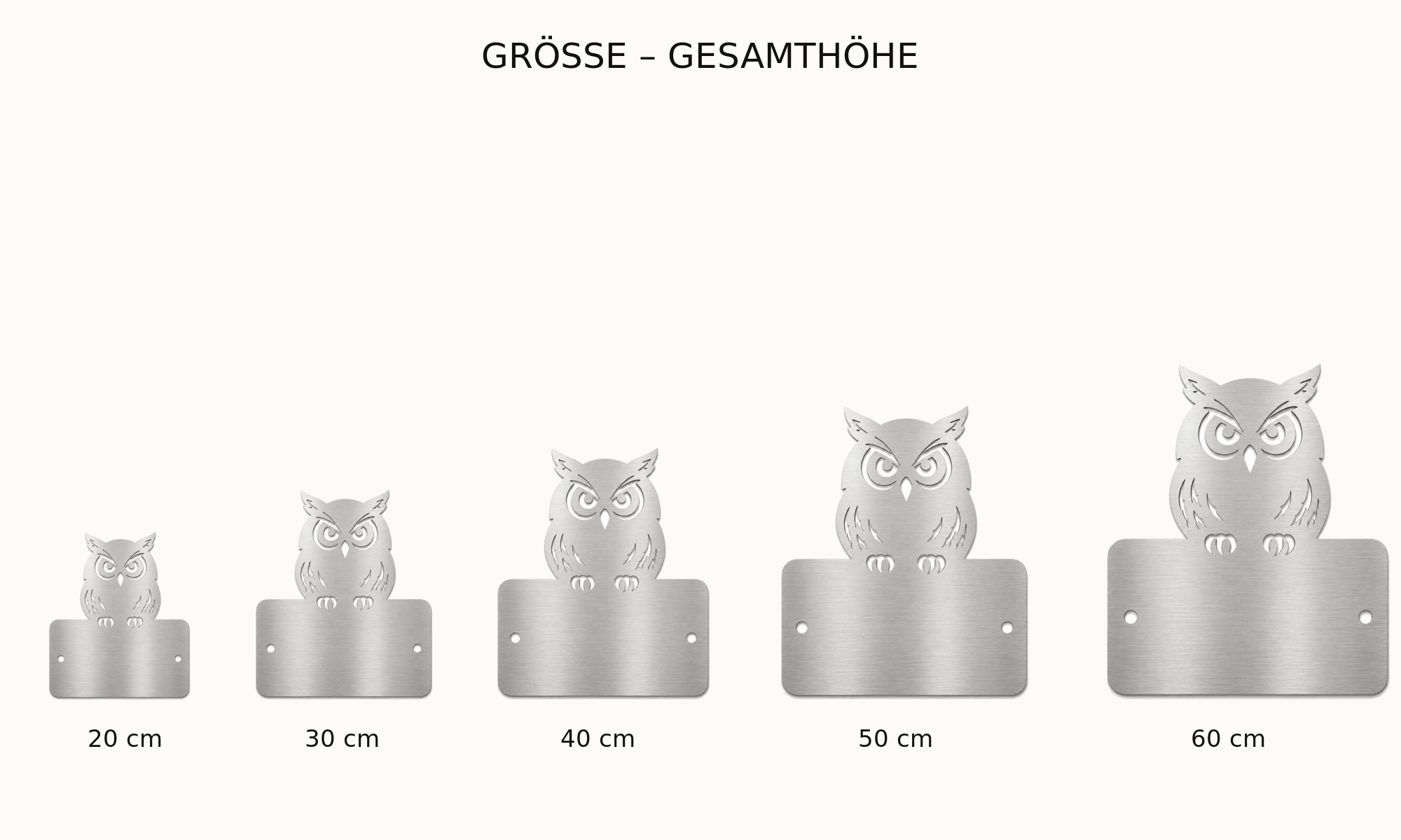 Proportionale Größenübersicht des Eulen-Hausnummern- und Türschilds in 20, 30, 40, 50 und 60 cm Gesamthöhe.