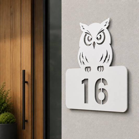 Weiße Eulen-Hausnummer aus V2A Edelstahl mit ausgeschnittener Stencil-Hausnummer 16 an einem modernen Hauseingang.