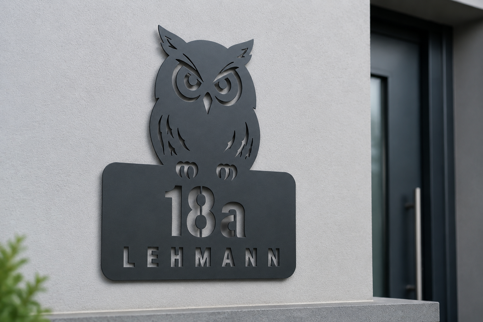 Anthrazitfarbenes Eulen-Hausnummern- und Türschild aus V2A Edelstahl mit ausgeschnittener Stencil-Hausnummer 18a und Wunschname LEHMANN an einer hellgrauen Hauswand.