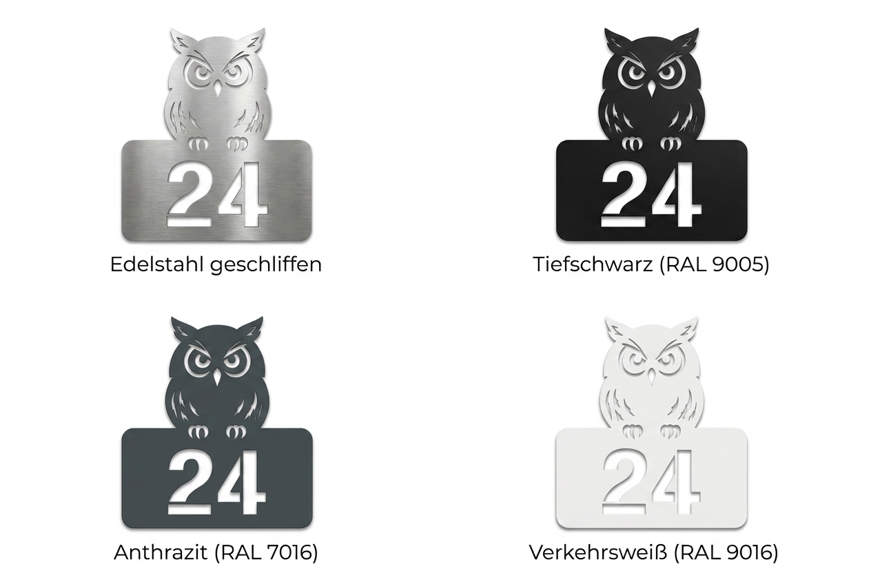 Eulen-Hausnummer mit ausgeschnittener Stencil-Hausnummer 24 in Edelstahl gebürstet, Schwarz RAL 9005, Anthrazit RAL 7016 und Weiß RAL 9016.